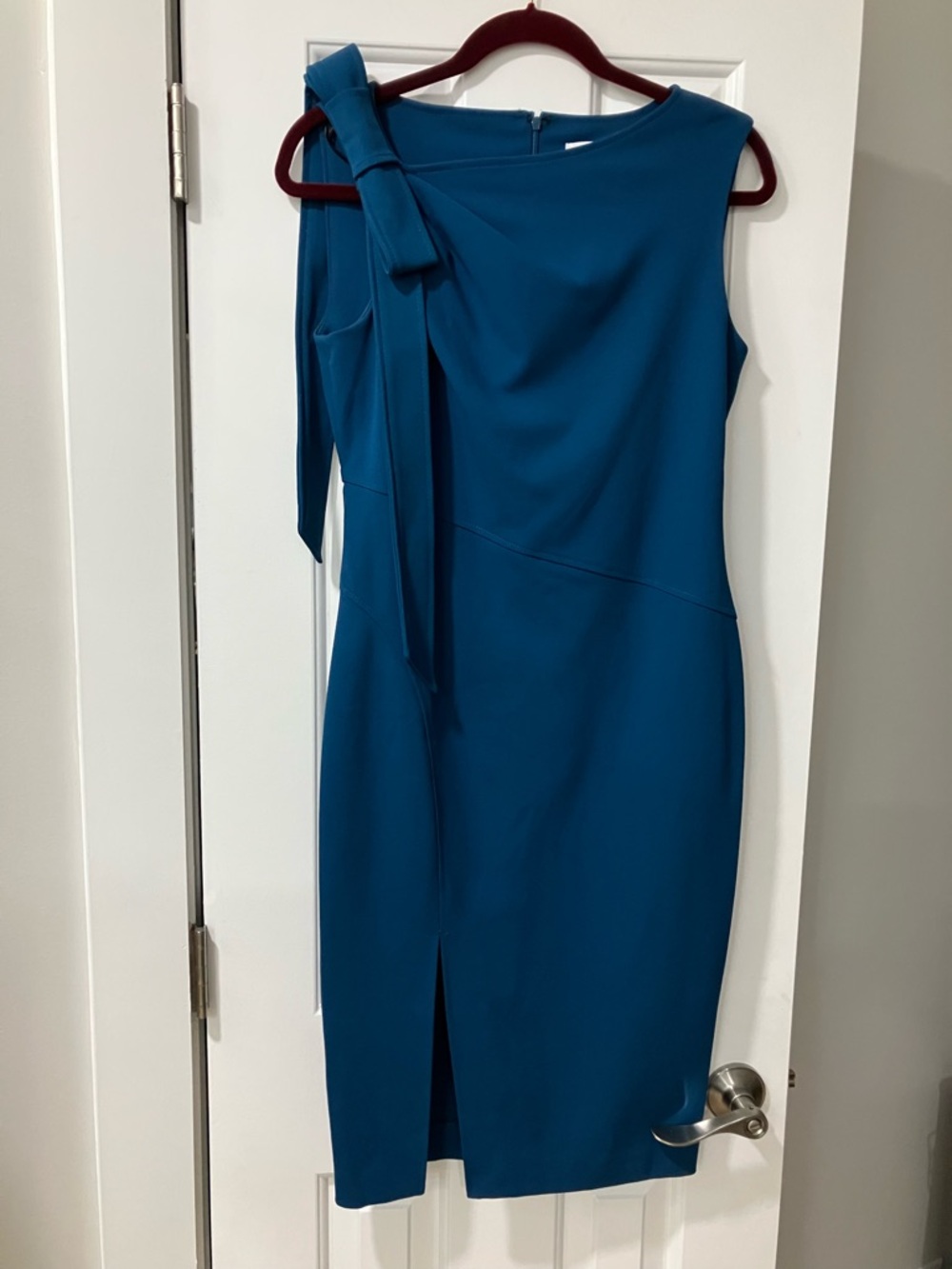 Calvin Klein Teal One-Shoulder Sheath Dress with Bow Detail
